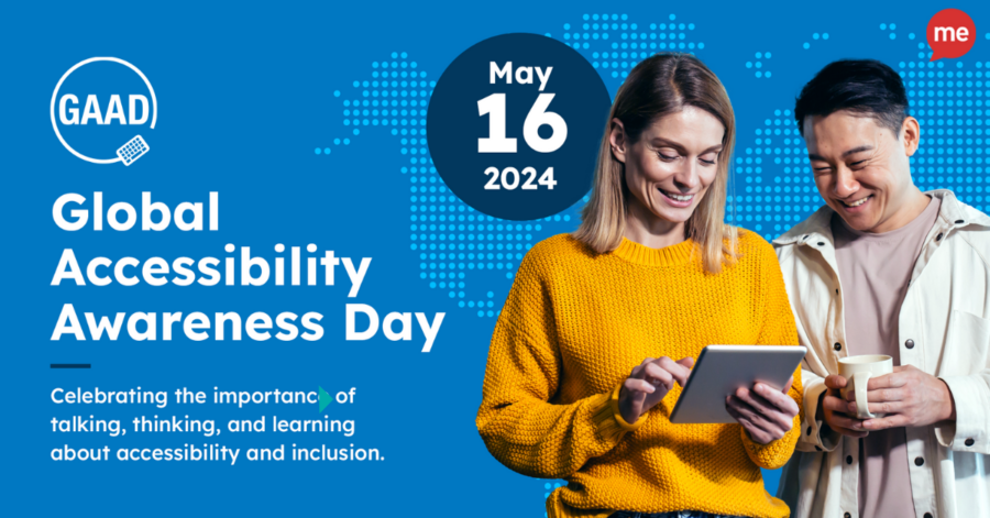 Global Accessibility Awareness Day, 16th May 2024. Celebrating the importance of talking, thinking, and learning about accessibility and inclusion. GAAD white logo on graphic, with an image of 2 people looking at a tablet and smiling. Blue background.